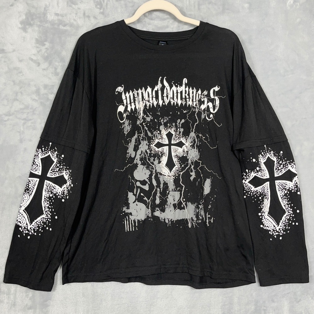 Romwe Mens Long Sleeve Graphic T-Shirt S Black Gothic Cross Grunge Skater Emo